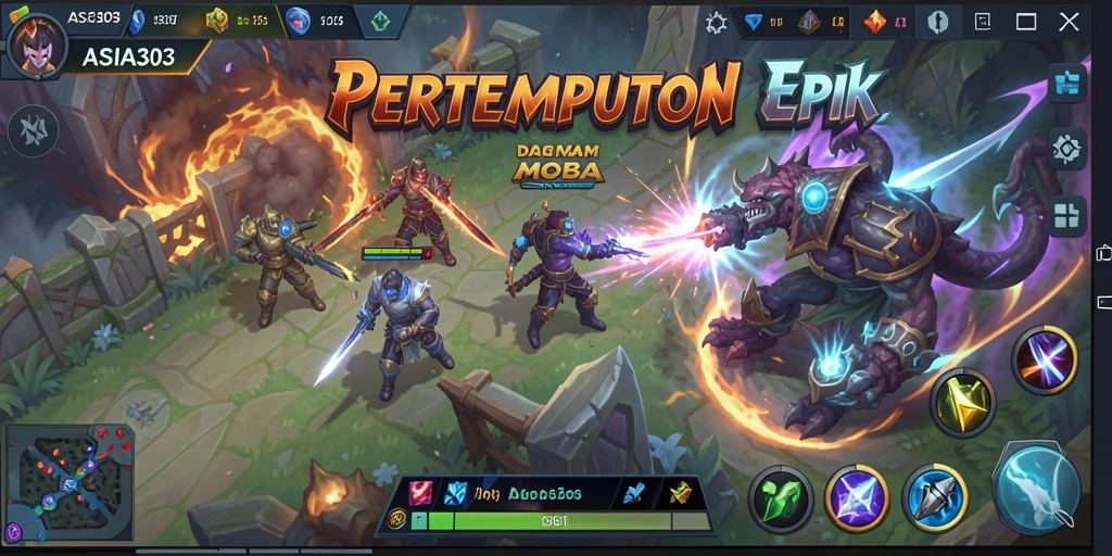Screenshot ASIA303 menampilkan aksi pertempuran intens dalam game MOBA.