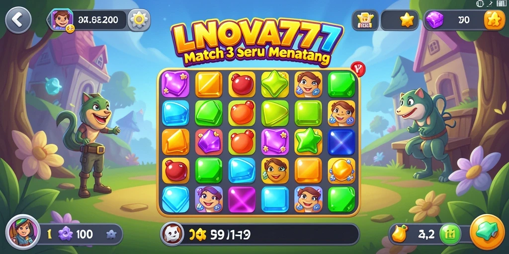 Tangkapan layar menunjukkan gameplay seru LNOVA777 yang penuh dengan permata berwarna-warni.