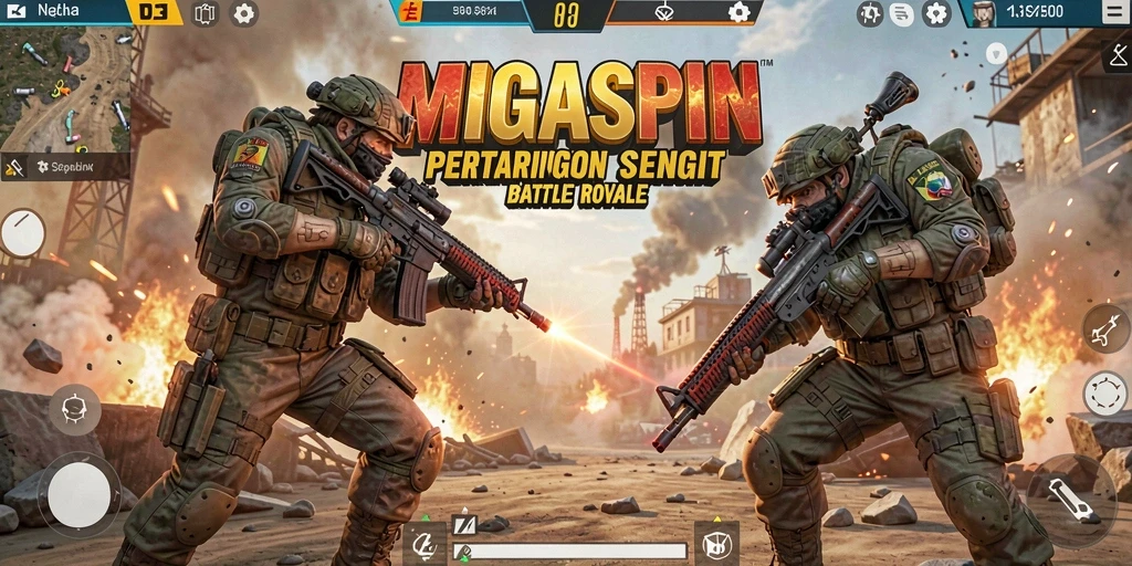 Screenshot gameplay MIGASPIN menunjukkan pertempuran seru di medan Battle Royale.