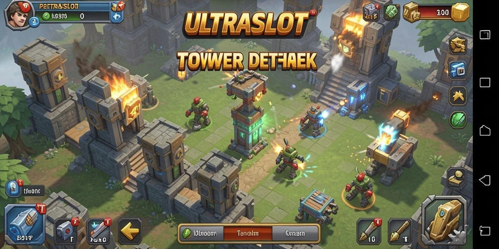 Tampilan gameplay ULTRASLOT dengan pertahanan menakjubkan melawan gelombang musuh.
